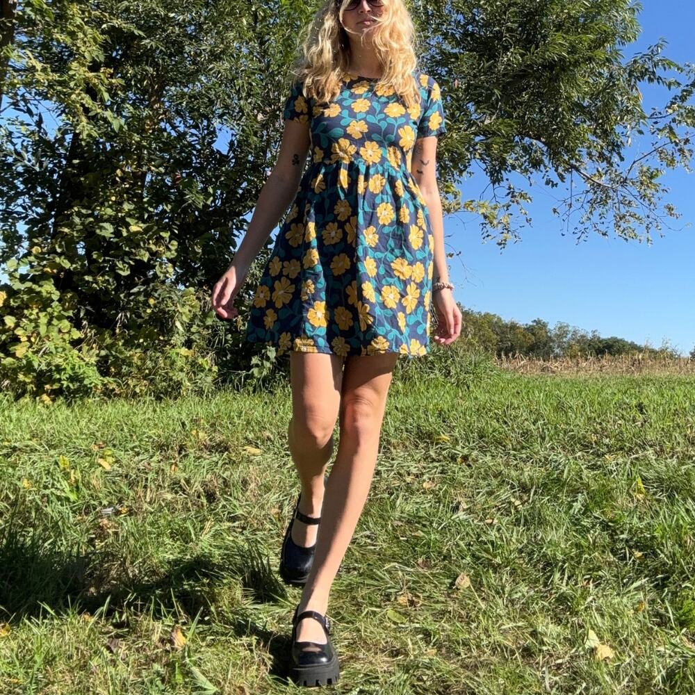 Mata Traders Boho Floral Empire Mini Dress XS Blue Yellow
